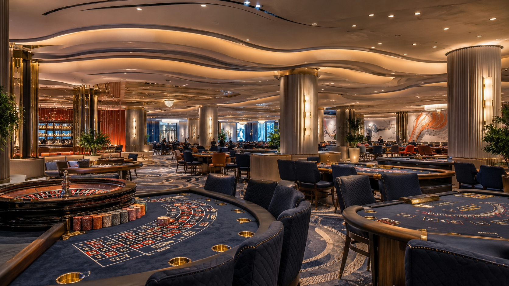 Redactionele illustratie van een fysieke speelzaal met roulette en blackjack